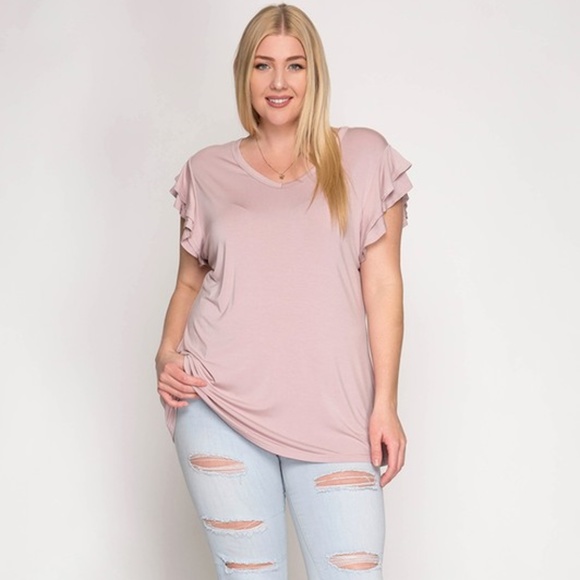 Tops - PLUS--Ruffled Short Sleeve Round Neck Knit Top